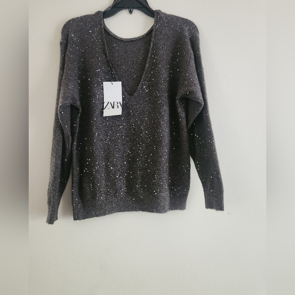 Zara set co-ord sequin knit sweater & midi skirt A-line taupe/brown sz M BNWT - Picture 3 of 13